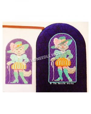 brown cat standing in green dress with orange skirt, green boots, green hat with pink feather holding cane on purple background