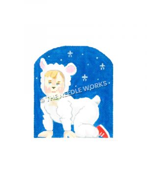 child dressed in sheep costume wearing red shoes with starry background