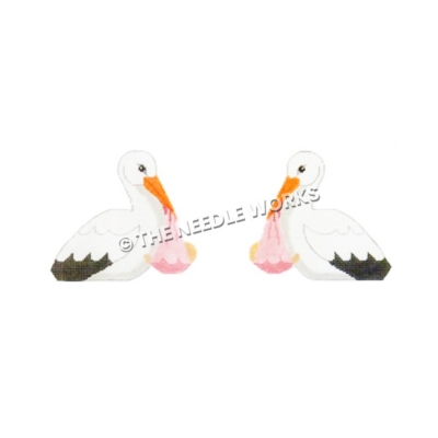 two-sided white stork carrying baby in pink blanket in its mouth