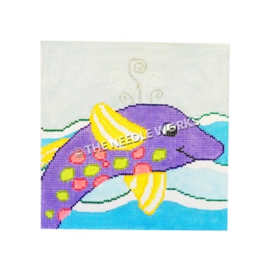 purple dolphin with yellow and white striped fins