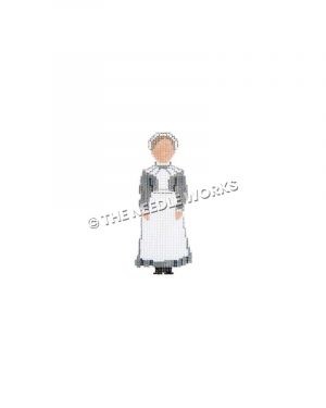 Lady's maid dressed in gray with white apron