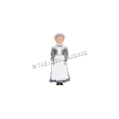 Lady's maid dressed in gray with white apron