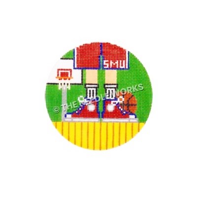 round ornament with closeup of SMU basketball player's shoes