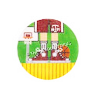 round ornament with closeup of A&M basketball player's shoes