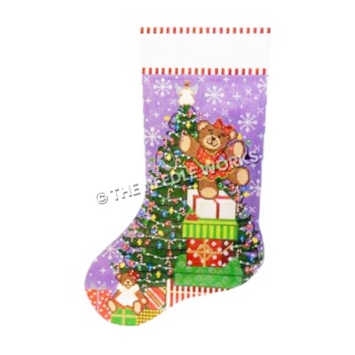 purple stocking with Christmas tree and teddy bear in red dress dancing on stack of presents
