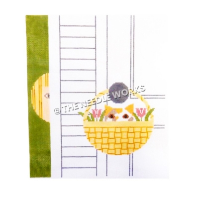 calico cat with flowers hanging in basket from door knob with child peeking behind door