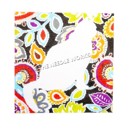 white cat silhouette on red, orange, and purple flowered background