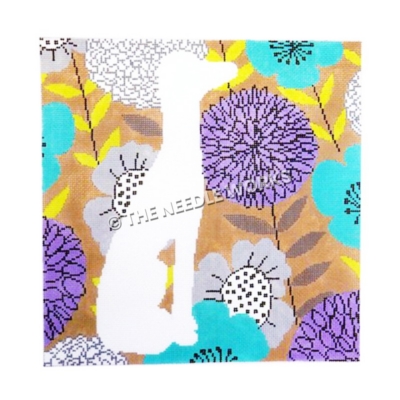 white dog silhouette on purple, blue and silver flowered background