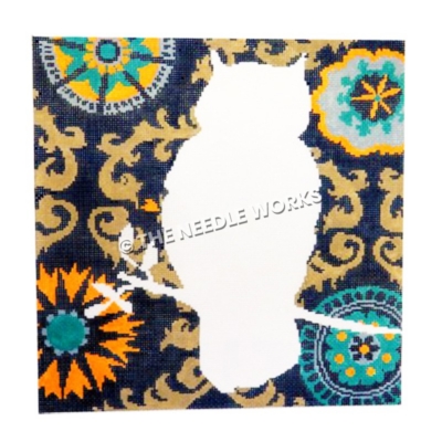 white owl sihouette with blue and gold decorative background