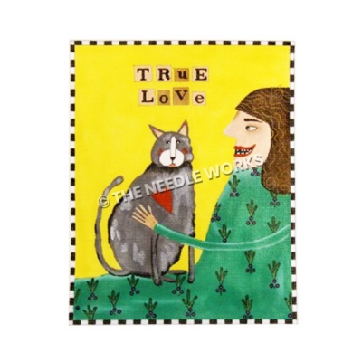 brunette woman in green dress with gray cat and words True Love written above