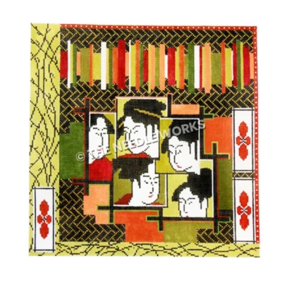 faces of Japanese women on green, red and yellow block background