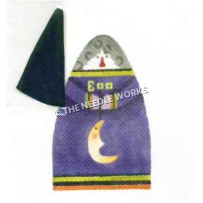witch wearing purple dress with Boo written holding crescent moon