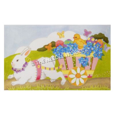 white rabbit pulling pink cart filled with blue flowers, Easter eggs, and chick