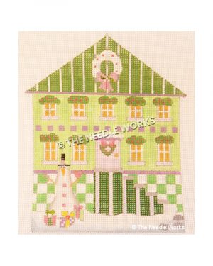 green house with wreath decorations and snowman with gifts