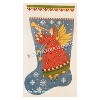 blue stocking with angel in red dress blowing horn