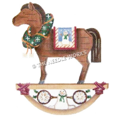 brown rocking horse with wreath and snowman decorations