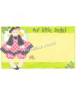blonde angel in pink and black dress and hat on green and yellow background with Our Little Angel written at top