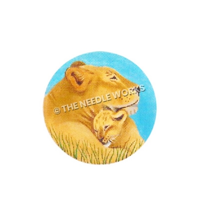 yellow lioness and cub with blue background