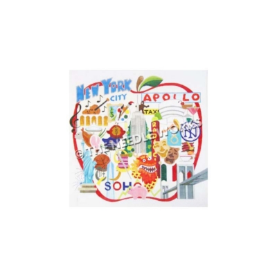 big apple filled with New York icons including Statue of Liberty, Brooklyn Bridge, Empire State Building, etc.