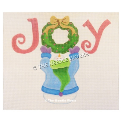 snowman in blue sweater, purple gloves and green hat holding wreath in the middle of word JOY written in pink