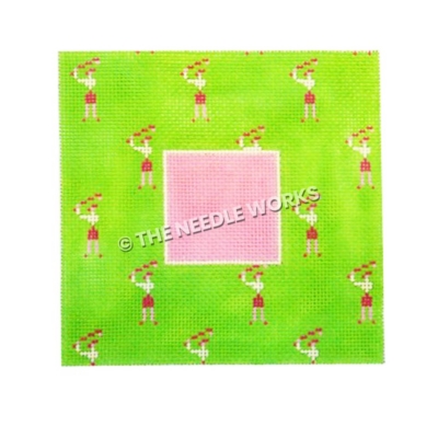 lime green frame with golfers dressed in red and white