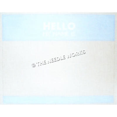 blue and white name tag with Hello My Name Is written in white