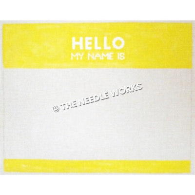 yellow and white name tag with Hello My Name Is written in white