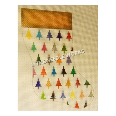 white stocking with multi-colored trees and gold trim