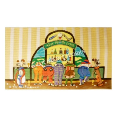 backsides of five golfers at The 19th Hole bar with golf bags and balls on floor