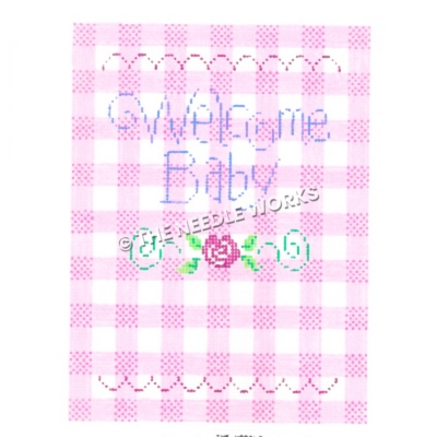 Welcome Baby written in purple on pink and white plaid background