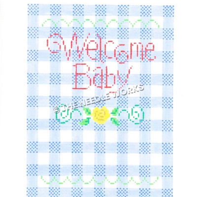 Welcome Baby written in red on blue and white plaid background