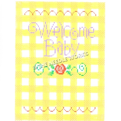 Welcome Baby written in purple on yellow and white plaid background