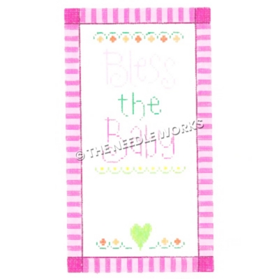 Bless the Baby written in pink and green with hearts on white background and pink striped border