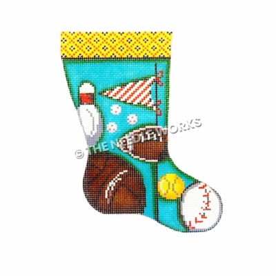 sports theme stocking with several sports balls on blue background and yellow checkered trim