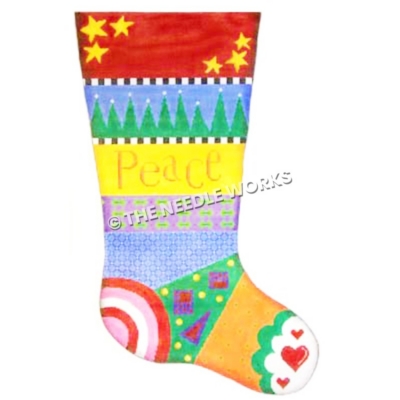 stocking with colorful designed stripes and Peace written on yellow stripe