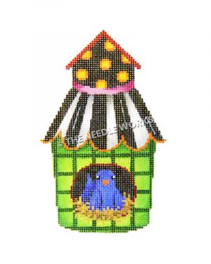 blue bird sitting in green birdhouse with black, white and gold polka dotted roof
