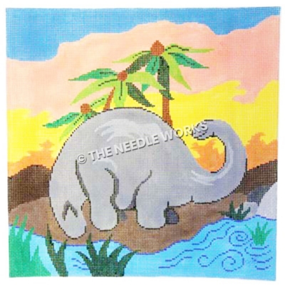 gray brontosaurus next to water and palm trees with colorful sunset sky