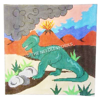 green T-Rex on desert landscape with volcano in background