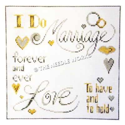 marriage pillow with words I Do, Marriage, forever and ever, Love, and To have and to hold with silver and gold hearts on white background