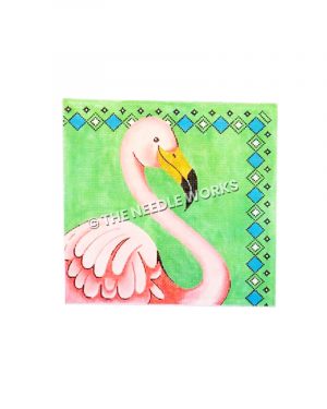 pink flamingo on green background with blue and white diamond border