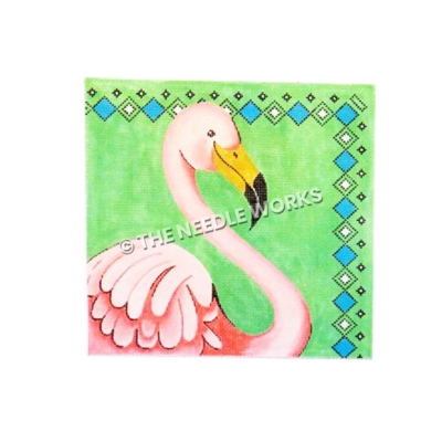 pink flamingo on green background with blue and white diamond border