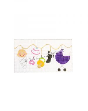 baby themed ornaments hanging on gold string including blanket wrapped baby, rattle, pacifier, footprint, and carriage