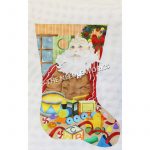 stocking decorated with Santa wearing glasses on head surrounded by toys with winter window and striped wallpaper in background