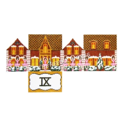 12 Days of Christmas themed 3D brown and yellow house and nine ladies dancing with roman numeral nine