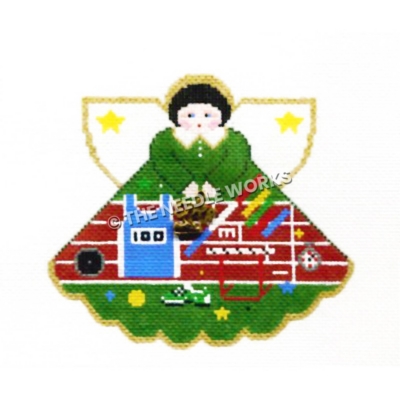 black-haired angel in green dress with running track designs