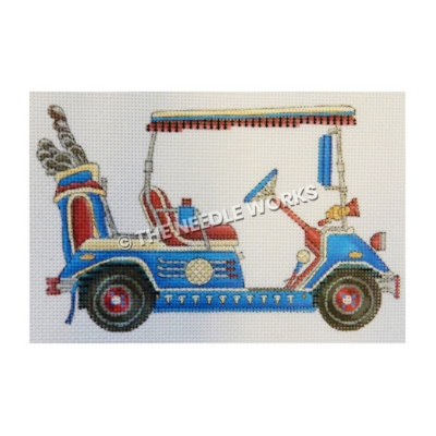 blue and red golf cart with red-fringed roof