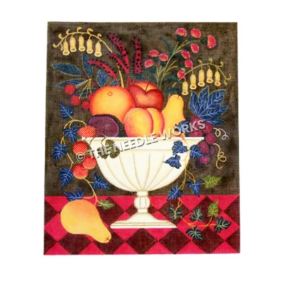 fruit and flower assortment in white vase on dark background and red checkered tablecloth