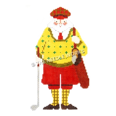 Santa dressed in yellow and red golf attire carrying golf club and bag