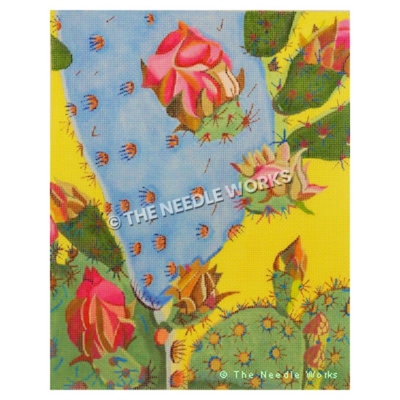 green and blue cactus with pink flowers on yellow background