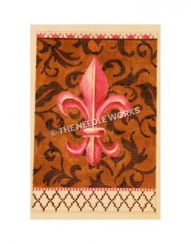 pink fleur de lis on brown background with black decorations and checkered border